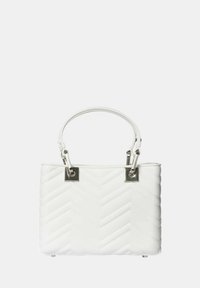 Borsa a tracolla bianca trapuntata con forma rettangolare, motivo a zig-zag testurizzato, accenti metallici e due manici superiori.