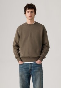 Sudadera verde oliva de tela suave, con cuello redondo y puños de canalé. Combinada con jeans de mezclilla azul claro.