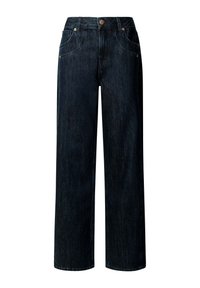 Jeans de mezclilla de color azul oscuro, de pierna ancha y cintura alta, con cinco bolsillos, cierre frontal de botón y detalles de costura sutiles.
