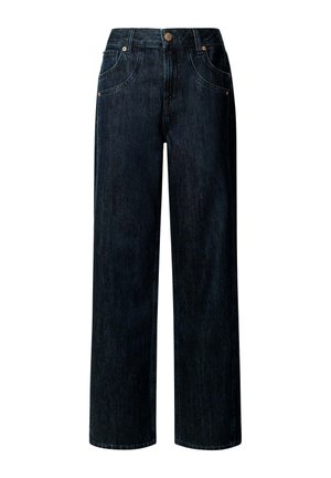 Jeans a gamba larga in denim blu scuro con vita alta, cinque tasche, chiusura frontale con bottone e dettagli di cucitura discreti.