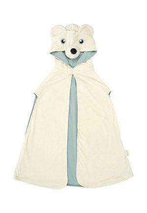 Cape à capuche couleur crème pour enfants avec un visage, des oreilles et un nez d'ours polaire sur la capuche, et une doublure intérieure bleu clair.