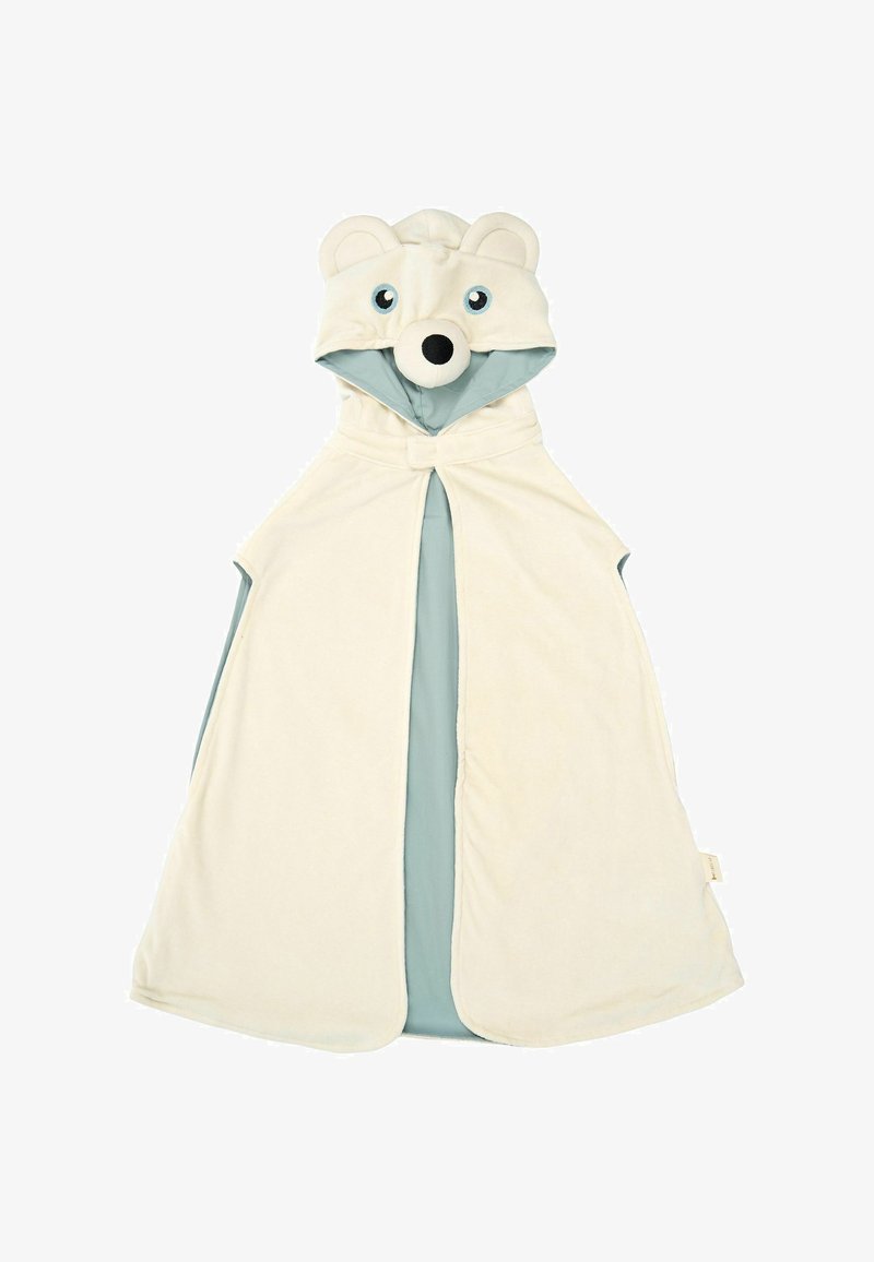 Cape à capuche couleur crème pour enfants avec un visage, des oreilles et un nez d'ours polaire sur la capuche, et une doublure intérieure bleu clair.