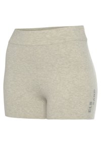 Pantaloni corti in misto cotone grigio chiaro con una texture liscia, caratterizzati da un ampio elastico in vita e un piccolo logo stampato sul lato sinistro.