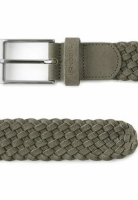 Flätad grå mockabälte med en silver rektangulär spänne och en matchande läderögla. Har en jämn textur och ett konsekvent vävmönster.