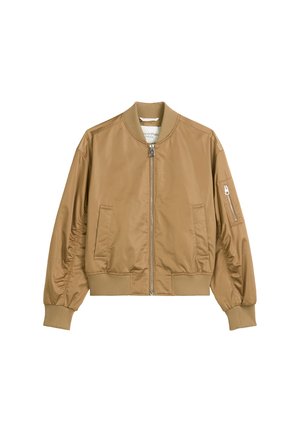 Veste bomber marron en tissu lisse, dotée d'une fermeture éclair, de poignets et d'un ourlet côtelés, ainsi que de poches latérales ; design épuré et moderne.