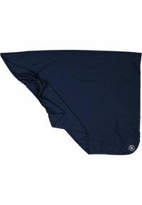 Navy blue stretch fabric blanket, triangular shape with smooth texture, featuring a logo accent in the corner.