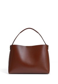 Braune Leder-Tote mit einem geschwungenen, minimalistischen Design, ausgestattet mit einem einzelnen Griff und dezenten Nähten entlang der Kanten.