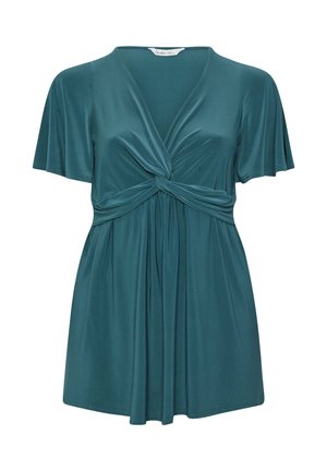 Kortærmet bluse i blågrøn med V-hals, tvistet knudedetalje ved brystet og rynket stof under taljen.