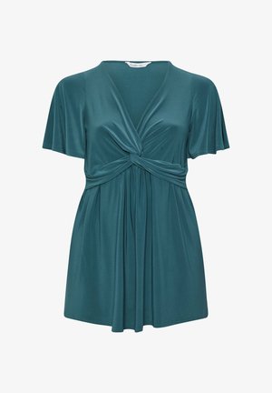 Blusa a maniche corte color verde petrolio con scollo a V, dettaglio nodo intrecciato sul petto e tessuto raccolto sotto la vita.