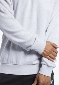 Szara bluza z miękką fakturą, ściągaczami na mankietach i pasku wokół talii. Posiada dekolt typu crew neck i lekko luźny krój wokół ramion.