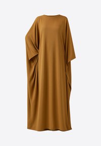 Braunes, fließendes Kleid mit rundem Ausschnitt und kurzen, weiten Ärmeln. Es zeichnet sich durch einen weichen Stoff mit Drapierungen und eine verlängerte Silhouette aus.