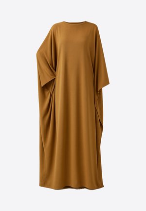 Bruine, vloeiende jurk met een ronde halslijn en korte, brede mouwen. Heeft een zachte stof met geplooide details en een verlengde silhouet.