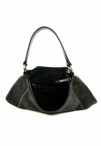 Schwarze Lederhandtasche mit perforierten Seitenpaneelen, einem Reißverschluss-Hauptfach und einem einzelnen Schulterriemen. Das Innere verfügt über mehrere Taschen.