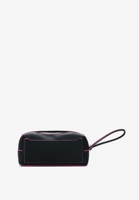 Black cosmetic bag with pink trim, rectangular shape, zipper top, and a wrist strap. Smooth texture with a durable leather-like finish.