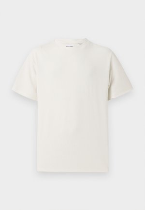 White short-sleeve T-shirt in a ribbed texture. Round neckline, relaxed fit, no visible patterns or accents. Simple and versatile design.