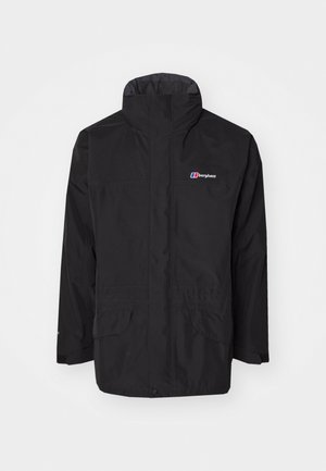 Czarna wodoodporna kurtka z wysokim kołnierzem, długimi rękawami, dwoma przednimi kieszeniami i logo na lewej piersi. Gładka tekstura i minimalistyczny design.