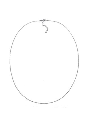 Collar de cadena de plata con un diseño retorcido, que cuenta con un cierre seguro y una longitud ajustable con una sección de cadena extensible.