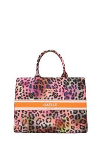 Borsa tote con stampa di leopardo in varie tonalità di rosa, caratterizzata da una striscia di branding arancione con la scritta "GAËLLE" e un design rettangolare strutturato.