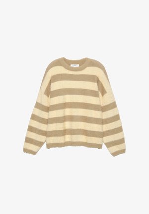 Beige en crème gestreepte trui van fluffy materiaal. Heeft een ronde halslijn en brede mouwen met een cropped zoom. Zachte textuur.