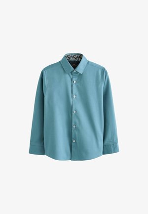 Chemise à manches longues teal avec une fermeture à boutons, un col classique et une doublure intérieure à motif floral. Texture lisse, coupe ajustée.