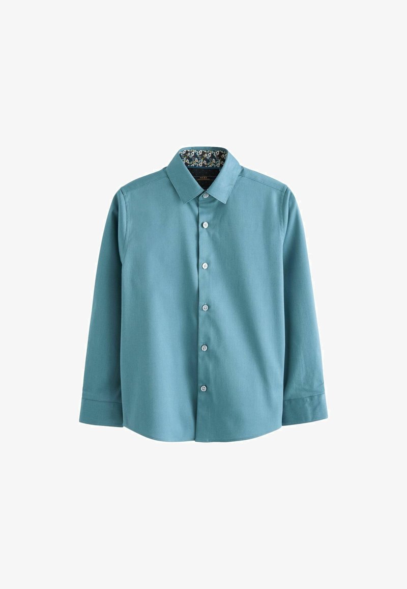 Teal lange mouwen shirt met een knoopsluiting aan de voorkant, een klassieke kraag en een bloemenpatroon aan de binnenkant. Soepele textuur, slim fit.