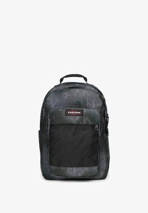 Sort Eastpak rygsæk med forlommes net, topgreb og diskret mønstret stof med brandlogo på frontpanelet.