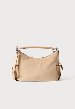 Sac à main en cuir beige avec poignée courte, poches latérales, quincaillerie argentée et logo "Lauren" embossé au centre avant.