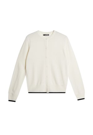 Cardigan crema realizzato in materiale morbido, con chiusura a bottoni, maniche lunghe e un bordo nero all'orlo e ai polsini.
