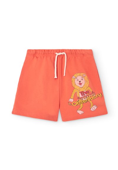 Shorts en coton corail avec une taille élastique, dotés d'un cordon de serrage et d'un graphique coloré de lion avec le texte "L'Observatoire des Animaux".