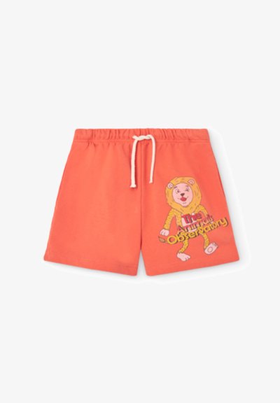 Shorts en coton corail avec une taille élastique, dotés d'un cordon de serrage et d'un graphique coloré de lion avec le texte "L'Observatoire des Animaux".