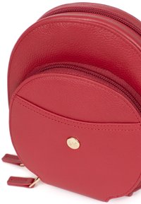 Borsa a tracolla rossa in pelle con design a doppia cerniera e un accento in metallo dorato sul fronte. Texture liscia con forma arrotondata.