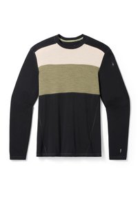 Langærmet skjorte i sort, olivengrøn og beige. Har design med farveblokering og kontrasterende teksturer samt rund halsudskæring.