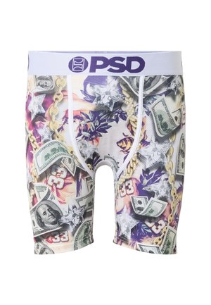Calzoncillos bóxer para hombre con cintura blanca etiquetada "PSD", estampados con billetes de dólar, cadenas de oro, diamantes y patrones florales morados.