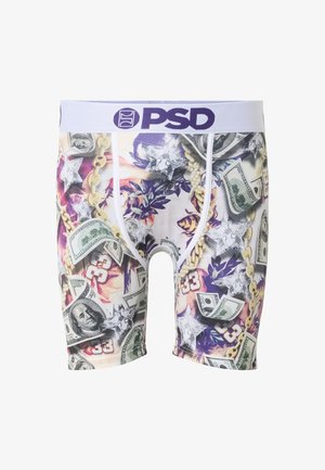 Calzoncillos bóxer para hombre con cintura blanca etiquetada "PSD", estampados con billetes de dólar, cadenas de oro, diamantes y patrones florales morados.
