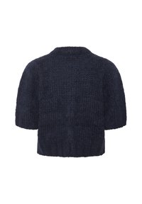 Pulover tricotat scurt cu mânecă scurtă, de culoare bleumarin, cu un model texturat și guler rotund. Croială lejeră, cu margini ribbate la tiv și la mâneci.