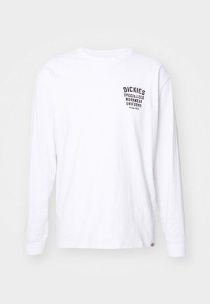 White long-sleeve t-shirt made of cotton, featuring a black graphic logo on the left chest. Crew neck with ribbed cuffs and hem.