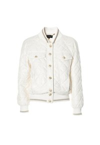 Quilted white jacket with a round collar, gold button closures, two flap pockets, and ribbed cuffs and hem featuring silver accents.