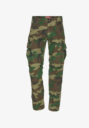 Camouflage Cargo-Hosen in Grün und Braun. Ausgestattet mit mehreren Taschen, geraden Beinen, Knopfverschluss und strapazierfähigem Material.