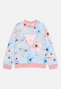 Φωτεινό γαλάζιο φούτερ με λουλουδάτο και πεταλούδα μοτίβο. Ροζ ριμπ γιακάς και μανσέτες, με ένα λαμπερό τριγωνικό λογότυπο στο κέντρο.