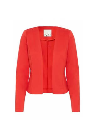 Červený blazer z hladké tkaniny s přiléhavým střihem, otevřeným předním dílem, dlouhými rukávy a bez zapínání. Na štítku je napsáno "ICHI."