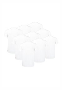 White cotton t-shirts stacked in a grid layout, featuring short sleeves and a round neck, no visible patterns or graphics.