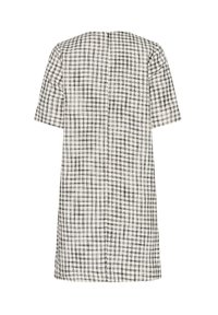 Kratka haljina s kratkim rukavima u crno-bijelom kariranom uzorku, s ravnim siluetom i teksturiranim materijalom. Ima detalj zatvarača na leđima.