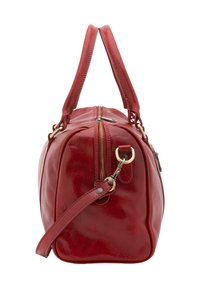 Borsa a mano in pelle rossa con finitura lucida. Presenta doppi manici superiori, una tracolla rimovibile e dettagli in metallo dorato.