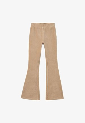 Pantalons en velours côtelé beige, avec une texture lisse, une taille élastique et une coupe longue. Présente un léger évasement à partir du genou.