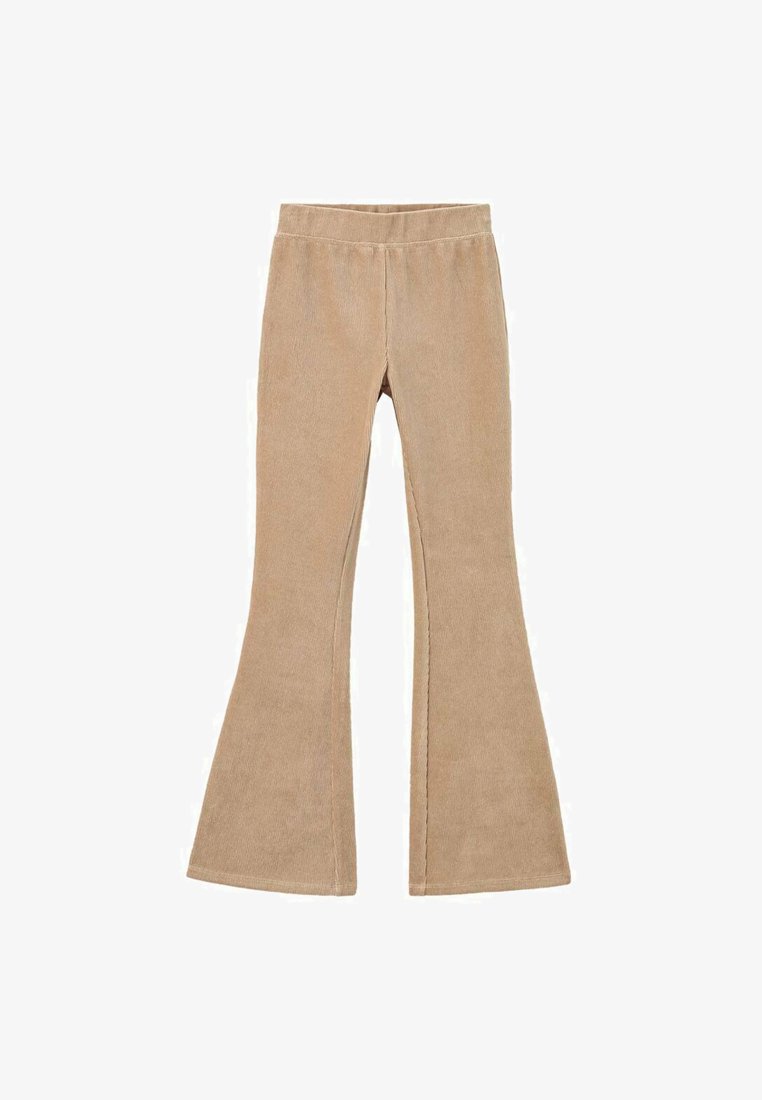 Svetlo rjave kord kordne hlače s gladko teksturo, elastičnim pasom in dolžino do tal. Imajo rahlo široke nogavice od kolena naprej.