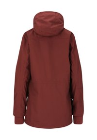 Mörkröd huvtröja med en slät textur, med en avslappnad passform, långa ärmar och elastiska manschetter. Bakifrån, ingen synlig hårdvara eller mönster.