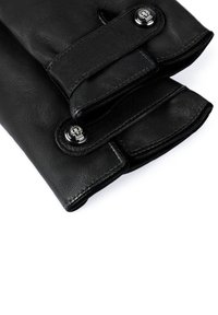 Black leather gloves with a smooth texture, featuring a snap button closure and contrasting stitching along the edges.