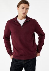 Bordeaux sweatshirt met een halve rits kraag, lange mouwen en geribbelde manchetten. Zachte textuur, gedragen over een wit T-shirt en gecombineerd met donkere jeans.
