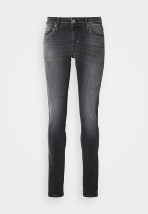 Blugi skinny-fit din denim gri închis, cu un design clasic cu cinci buzunare, fermoar cu închidere cu buton și o ușoară decolorare pentru un aspect elegant.
