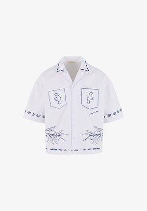 Short-sleeve white shirt with blue graphic designs, including pockets, olive branch pattern, and contrasting collar details.